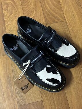 Dr. Martens Adrian Snaffle Quad Platform Hair-On Leather Cow Print Loafers US 7